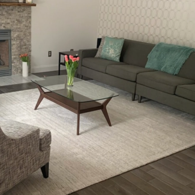 Contemporary living room with a dark gray sofa, teal accents, a light gray rug, and a mid-century modern coffee table.